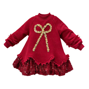 女童新年连衣裙冬季2025新款儿童加绒卫衣裙女小童冬装红色拜年服