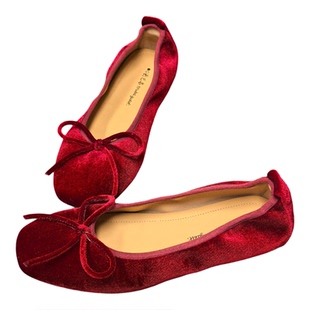 图巴客复古红色绒面芭蕾舞鞋女平底蝴蝶结浅口单鞋舒适奶奶鞋