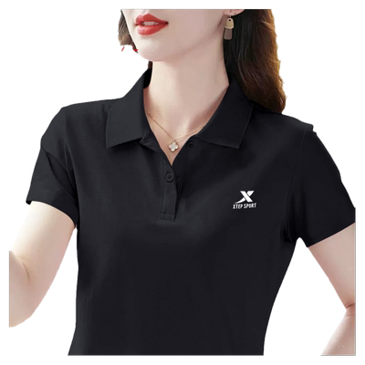 特步polo衫女短袖黑色简约短袖