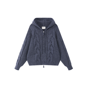 GOODLIVEABLE  复古秋冬绞花连帽毛衣老钱风休闲花型肌理开衫外套