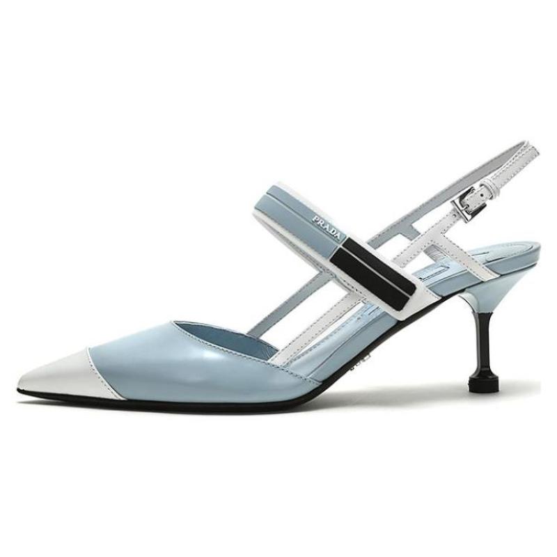 PRADA 普拉达 皮革拼色尖头高跟凉鞋 女款 蓝白