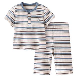 babylove宝宝家居服套装夏季莫代尔空调服短袖九分裤色织条纹夏装