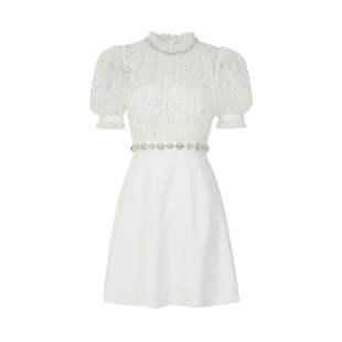 Misi.Camii新款公主袖拼接钉珠礼服镂空透明高贵名媛泡泡袖A字裙