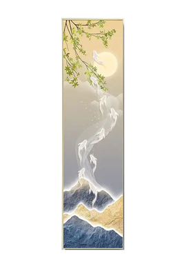 现代九鱼纳福入户玄关装饰画入门客厅走廊过道尽头细长条竖版挂画