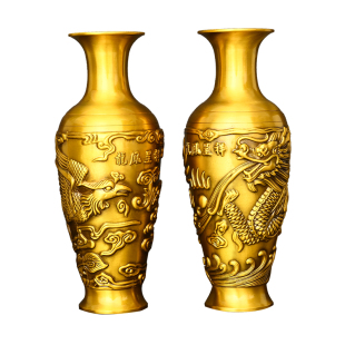 铜花瓶摆件龙凤一对百福花瓶祠堂佛堂佛具供佛