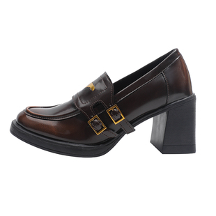 真皮~骄屿圆头一脚蹬小皮鞋英伦粗高跟气质百搭通勤单鞋女乐福鞋