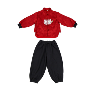 拜年服男童红色喜庆一体绒新中式套装儿童元旦演出服女童过年衣服