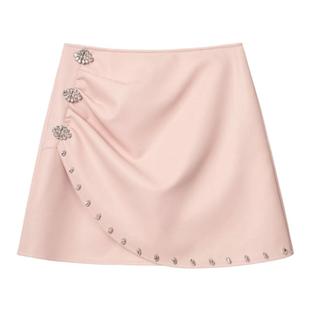 AZZHEN【西西里记忆】重工镶钻PU高腰A字皮裙设计感短裙