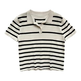 紫璐莱海盐芝士夹心~V字翻领条纹T恤短袖女夏季薄款针织小衫Z401