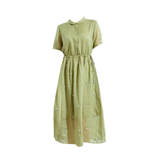 有间夏季苎麻刺绣绿色连衣裙宽松短袖文艺大摆长裙气质重工收腰