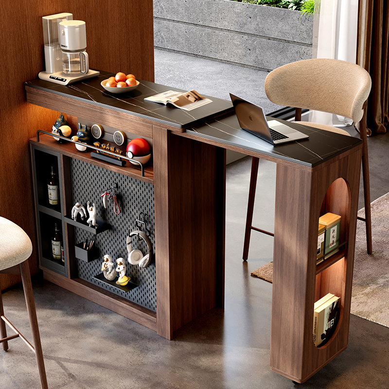 元暮中古风岩板吧台可伸缩家用小户型客厅餐边柜隔断柜吧台桌一体