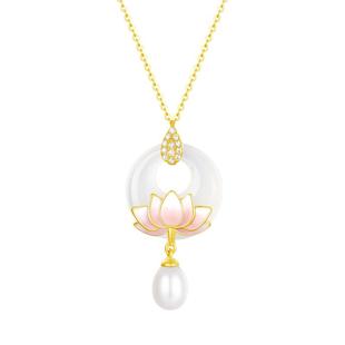 周大生玉髓莲花平安扣项链套链首饰珍珠玉石本命年生日礼物送女友