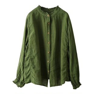 前后两穿木耳边衬衫女复古100%汉麻衬衫气质单排扣上衣开衫衬衣春