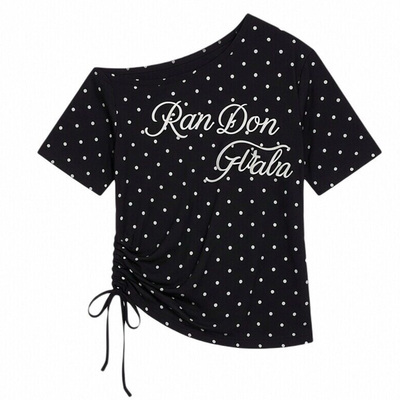 CLIMAX VISION美式辣妹闪粉印花波点一字肩斜肩抽褶短袖T恤女款