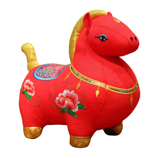 国风民俗生肖布艺马玩偶布娃娃马年吉祥物公仔花布马毛绒玩具礼物