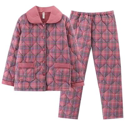睡衣冬季女款100%纯棉三层加厚夹棉棉袄套装保暖家居服可外穿冬天