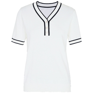 马天奴白色V领半开襟撞色条纹收腰修身短袖针织衫毛衫上衣流行