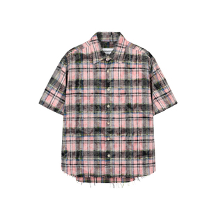 DESERTO 做旧毛边晕染洗褪Vintage脏粉全棉格纹休闲宽松短袖衬衫