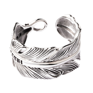 ROCKRIDE 黑曜石羽毛戒指 纯银开口男士情侣男款银饰潮流复古送礼