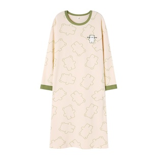 芬腾可安纯棉睡裙女春秋季薄款长袖大码外穿中长款可爱居家连衣裙
