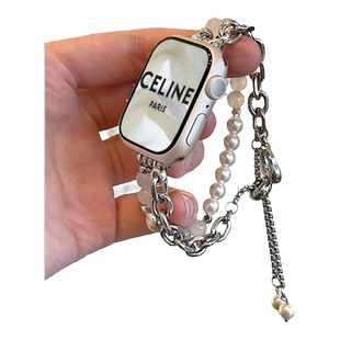 适用苹果手表S11链条表带iWatchS10表带高级仿珍珠小香风吊坠手链款AppleWatch9/8/7人造水晶小蛮腰细款夏女