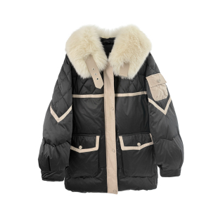 冬天女士狐狸毛领羽绒服宽松阔版时尚休闲中长款时尚撞色百搭外套