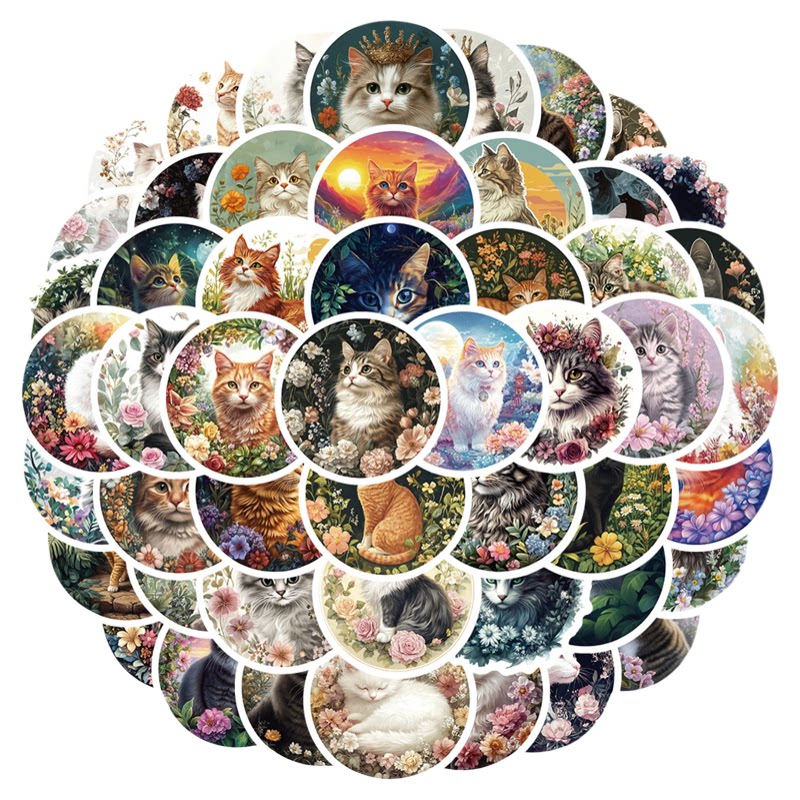 50张圆形复古花中小猫手账本贴纸
