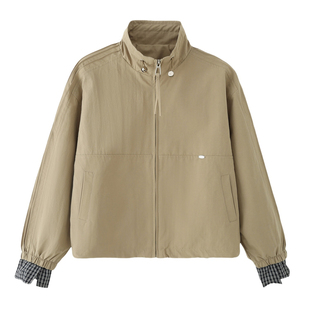 艾格立领短款外套女2025秋季新款宽松休闲拼接袖小个子夹克上衣