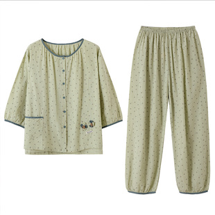 睡衣女款2026新款春夏季七分袖梭织纯棉中年妈妈秀美家居服套装