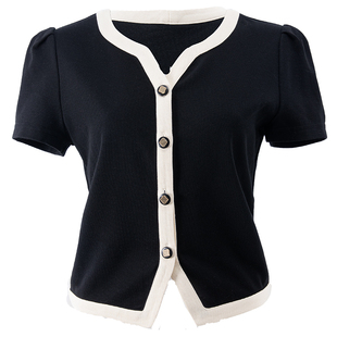 衣纱布菲夜露 撞色饰边珠地针织短袖T2025夏季新款收腰显瘦上衣女