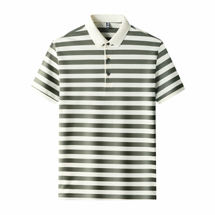 稻草人夏季新款短袖POLO衫男士中年翻领上衣半袖条纹T恤打底衫男