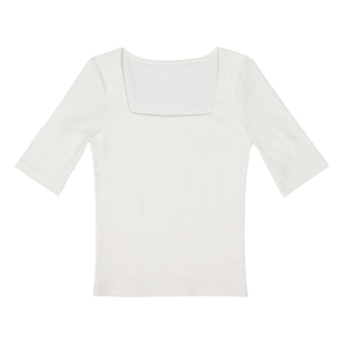 白色方领中袖t恤女2026春秋冬新款大领口修身百搭显瘦五分袖上衣