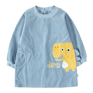 灯芯绒纯棉卡通儿童防水罩衣加大加长幼儿园宝宝反穿衣中长款护衣