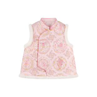 Amybaby女童套装冬季2025新款国风提花甜美马甲丝绒褶皱半身裙