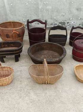 民俗老物件水桶木盆竹篮农耕文化村史馆复古怀旧展览摆件影视道具