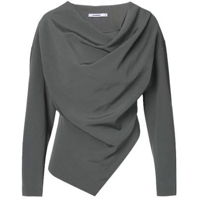 灰色不对称堆褶休闲衬衫