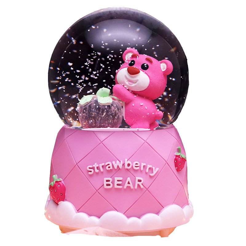 彩灯飘雪花旋转卡通可爱草莓熊玻璃水晶球音乐盒儿童男女生日礼品