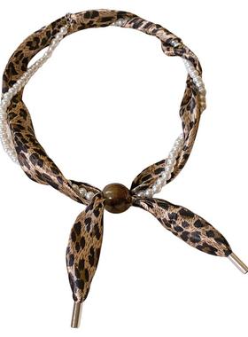 咖色豹纹缠绕珍珠丝巾项链配饰品