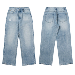 NO LOGO2021M闪电裂纹冰蓝色微喇水洗牛仔裤男秋季宽松cleanfit