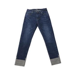 超洋气 拼接牛仔裤女翻边九分裤弹力显瘦小脚女裤小直筒裤春款潮1