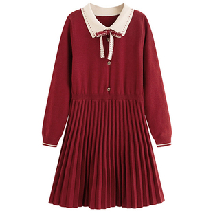 学院风减龄撞色polo领胖莹莹大码女装小香甜美百褶针织短款连衣裙