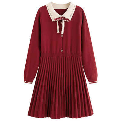 大码小香学院风领结百褶连衣裙