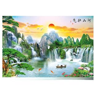 山水画客厅风景电视背景墙装饰画墙纸自粘墙贴风水画中堂壁纸贴画