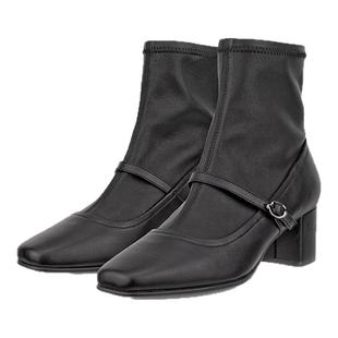 ECCO爱步靴子女 秋冬新款粗跟黑色玛丽珍时装靴中筒靴 型塑290973