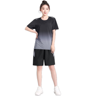 运动服套装女士夏季跑步短裤t恤瑜伽薄款大码羽毛球服宽松健身服