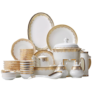 欧式骨瓷碗盘碟餐具套装10人以上私人会所样板间浮雕金边餐具套餐