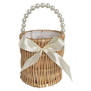 珍珠手提花篮编织包包藤编柳编儿童小篮子喜铺伴手礼品包装篮子