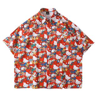 From Mars少女心猫咪 红色卡通满印短袖衬衣潮牌宽松慵懒休闲衬衫