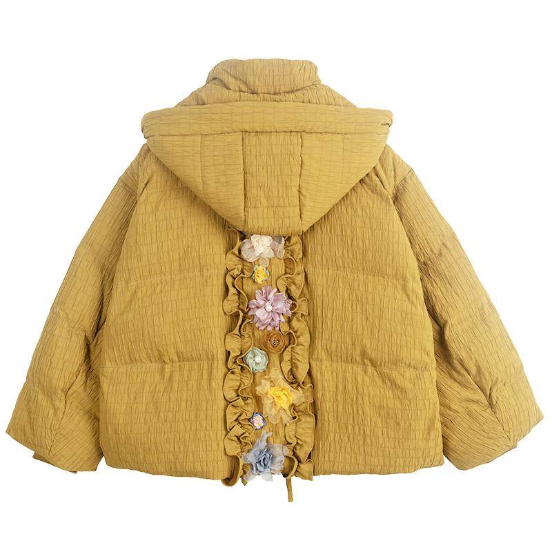 凯莉欧手工扎花立体绉布黄色棉服