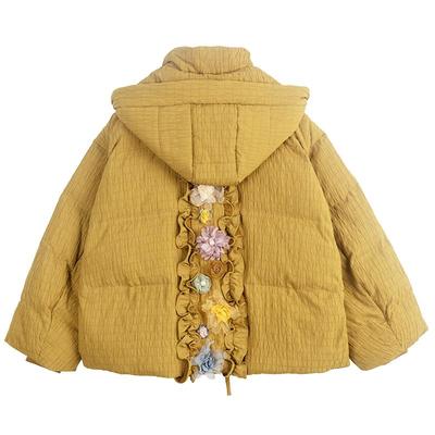 凯莉欧手工扎花立体绉布黄色棉服